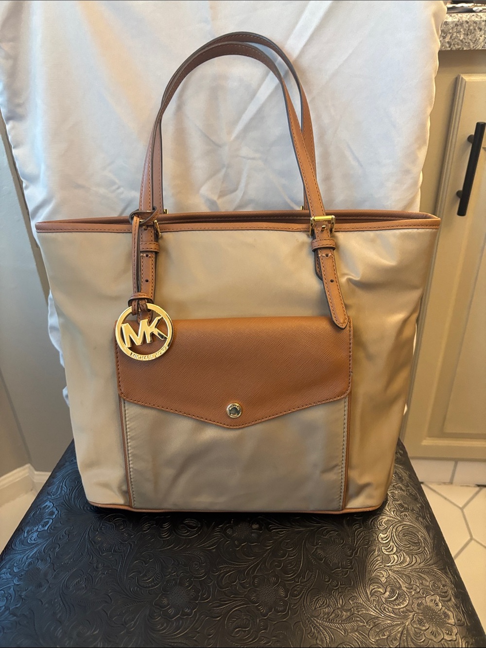 Michael Kors Taupe and Brown Leather-Trim Tote
